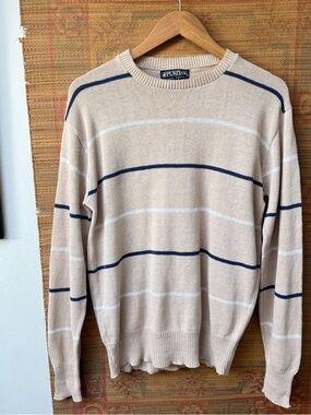 Vintage Puritan Beige Crewneck Sweater with Navy & White Stripes